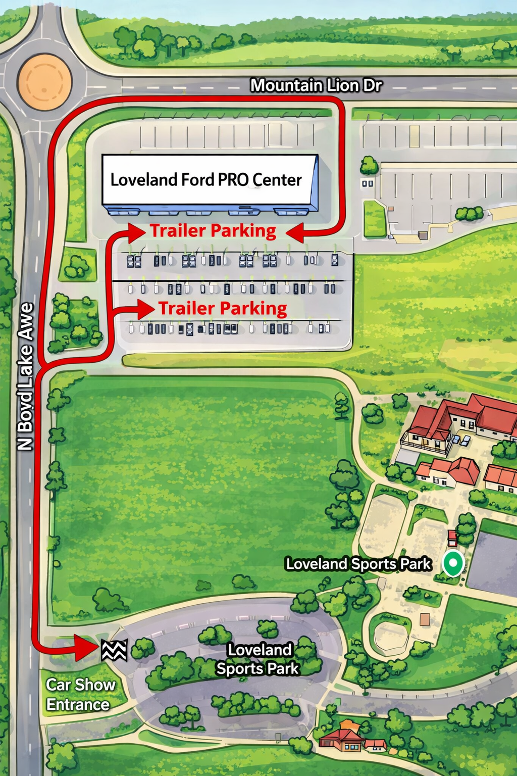 Trailer parking map — Loveland Ford PRO Center near Loveland Sports Park, July 11, 2026